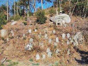 丘に位置する複数の馬頭観音石塔の写真