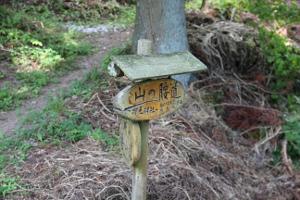 山道に立てられた山の腰道と書かれた木製の看板の写真
