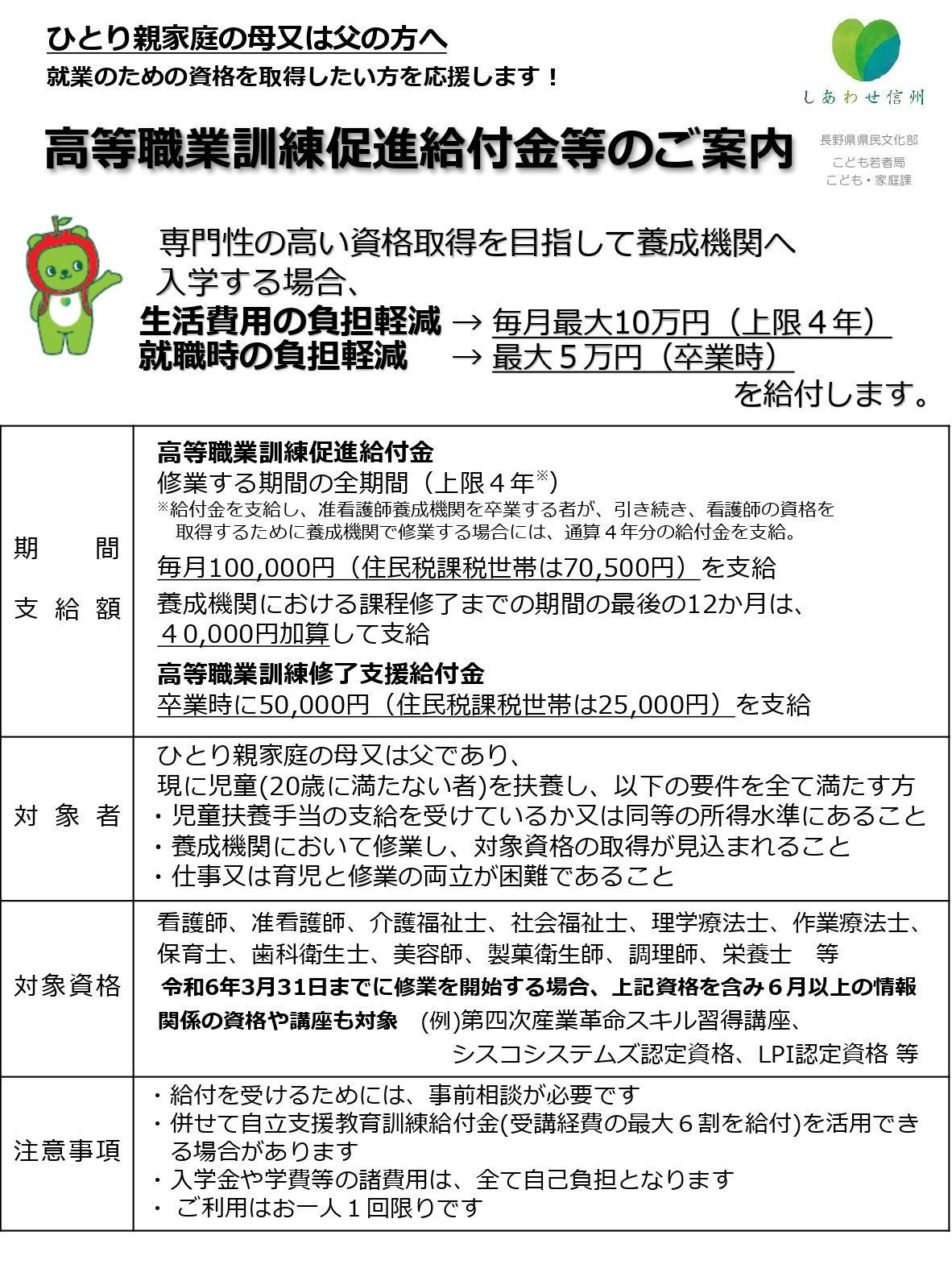 高等職業訓練促進給付金チラシ