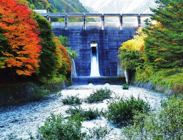 紅葉と横川ダムの写真画像