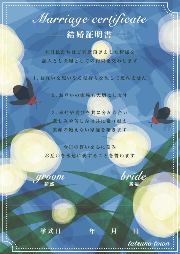 オリジナル婚姻届(ほたる青)結婚証明書のイメージ画像