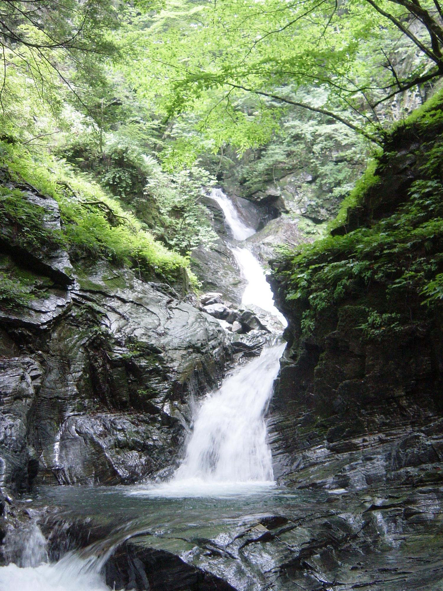 三級の滝が勢いよく下流へと流れる写真