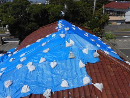 被害を受けた家屋の屋根に広範囲にブルーシートが張ってある様子の写真