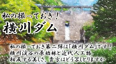 ダムの写真を背景に私の撮っておき第二弾は「横川ダム」です！横川渓谷の原始林と近代人工物相反する美しさ、あなたはどう写しとりますかと文章のある画像