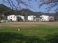 川島小学校 芝生のある校庭から見える校舎の写真画像